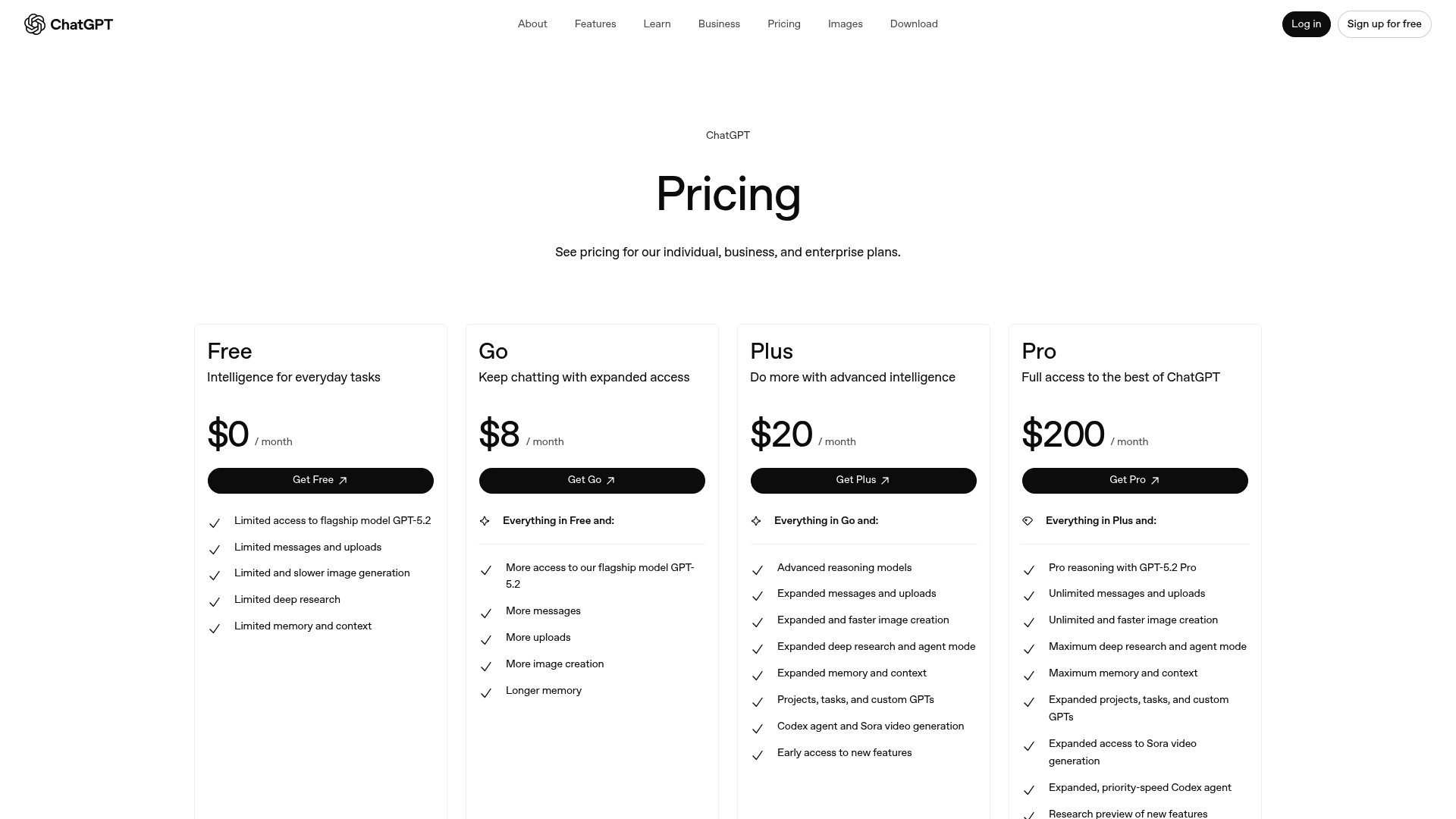 ChatGPT pricing page