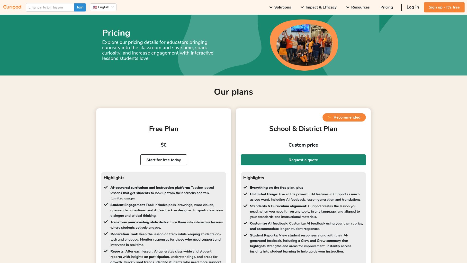 Curipod pricing page
