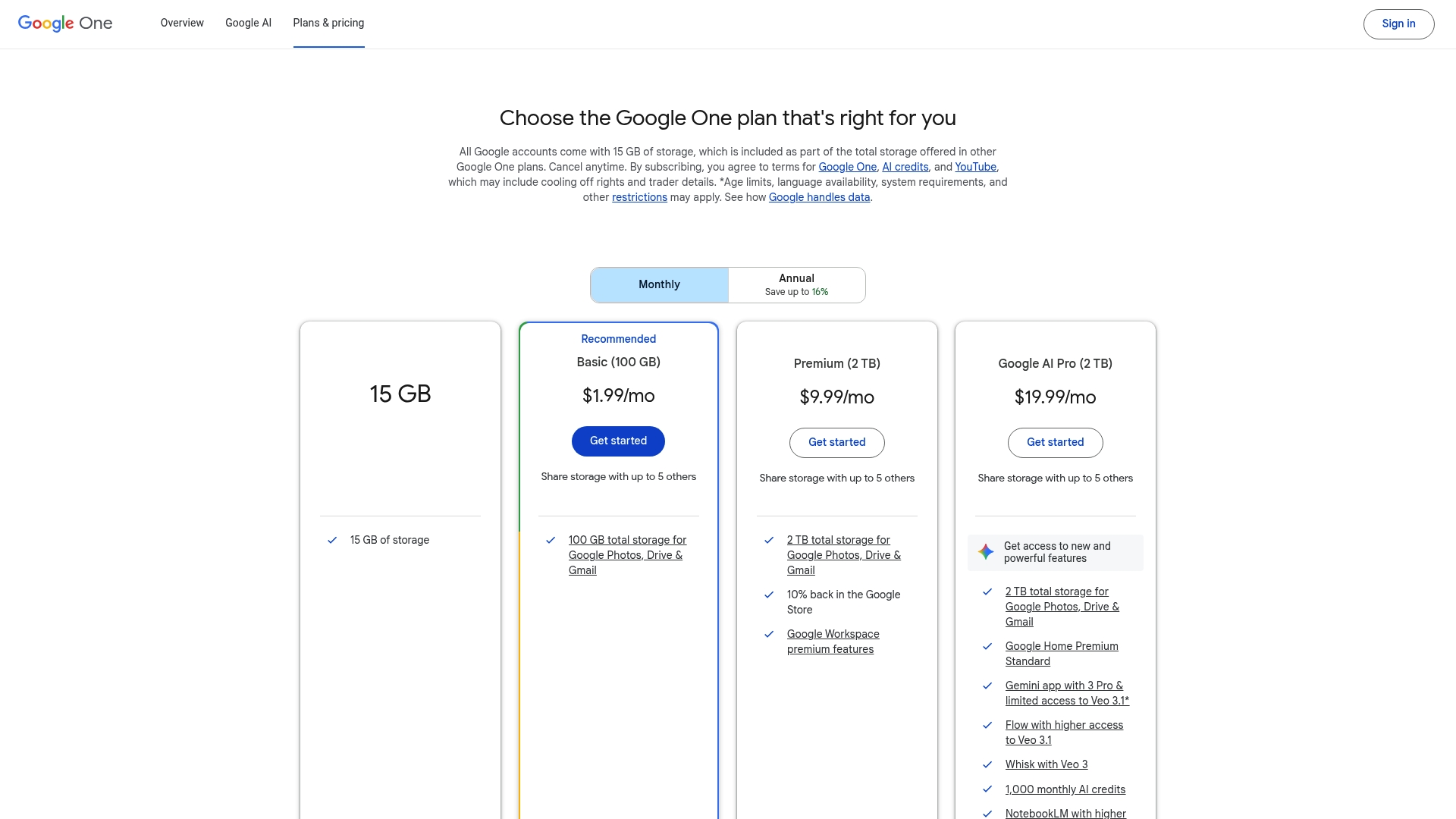 Google Gemini pricing page