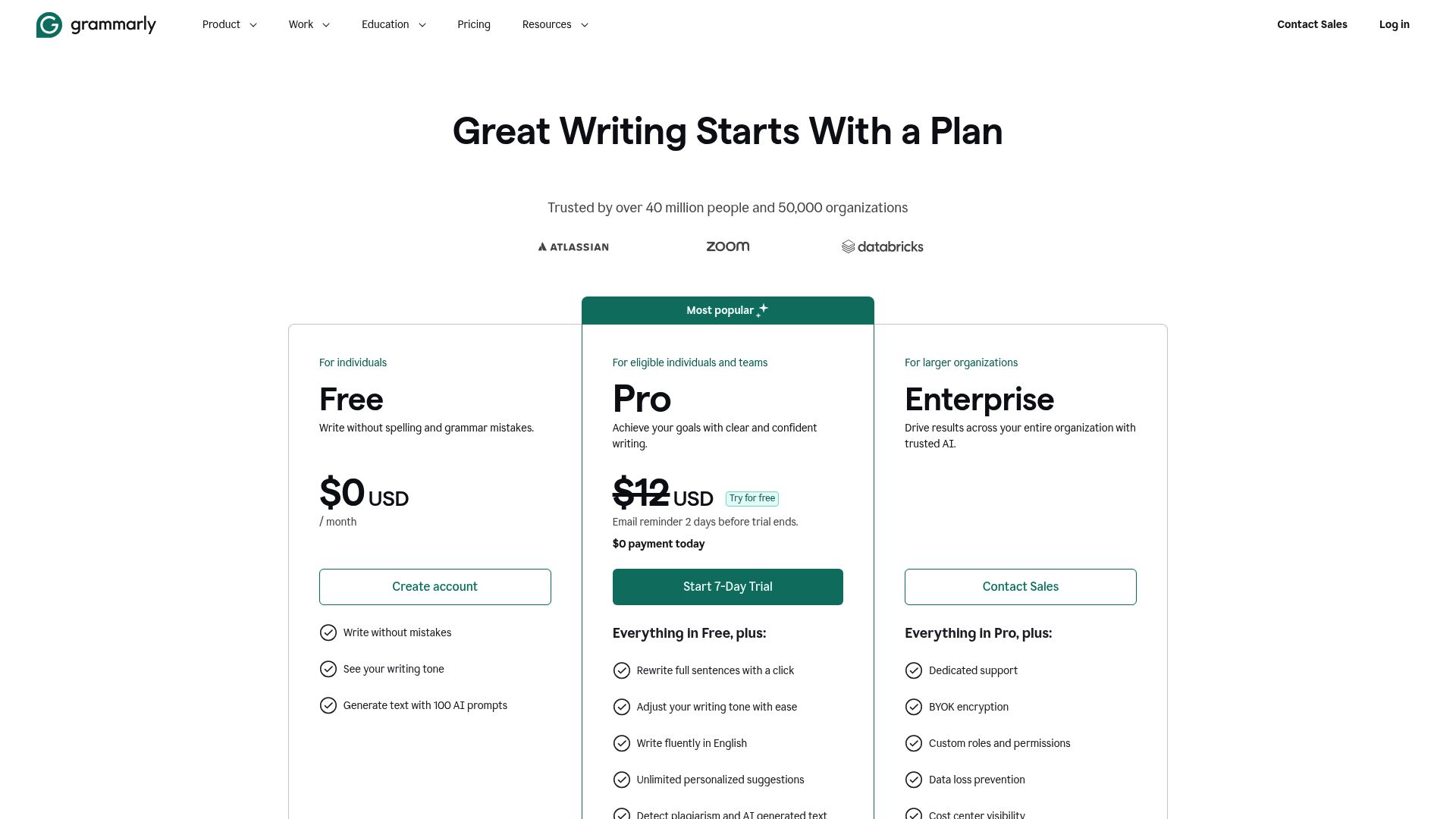 Grammarly pricing page