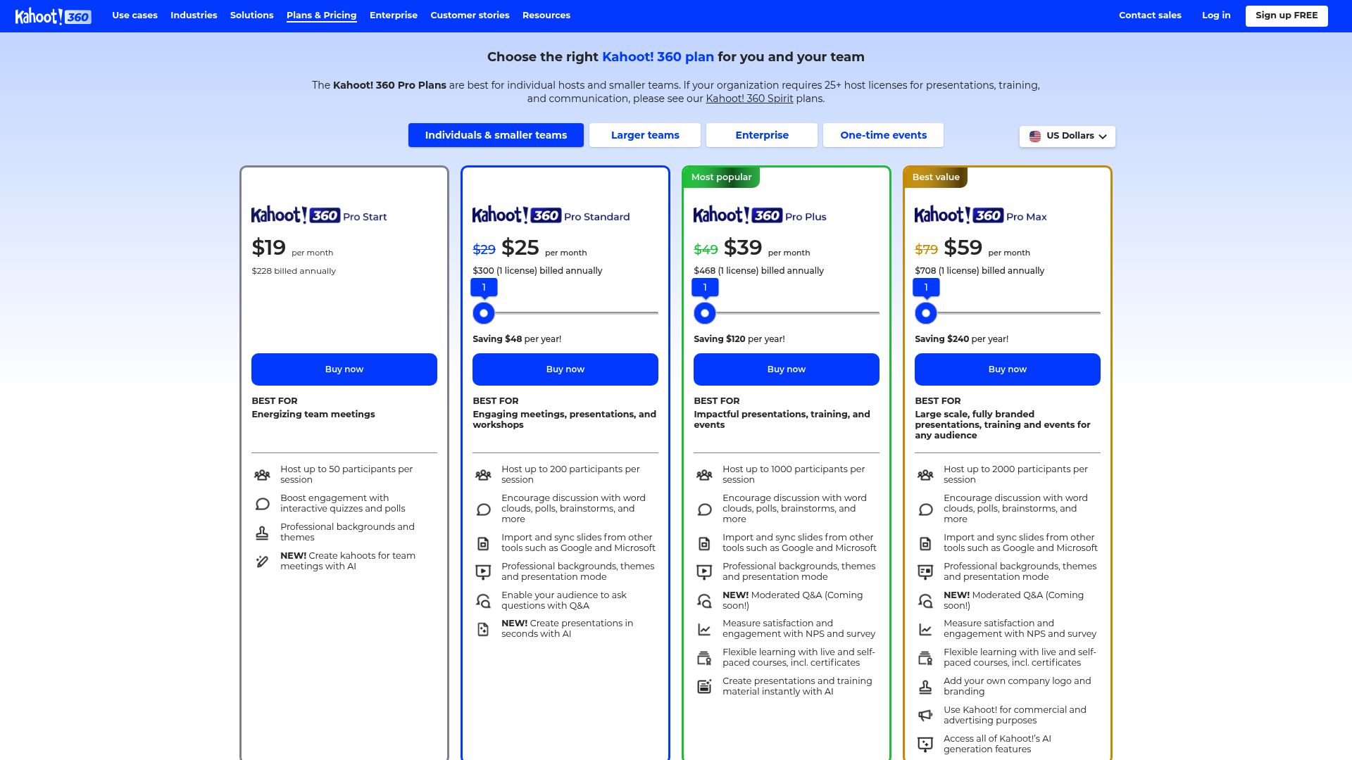 Kahoot! pricing page