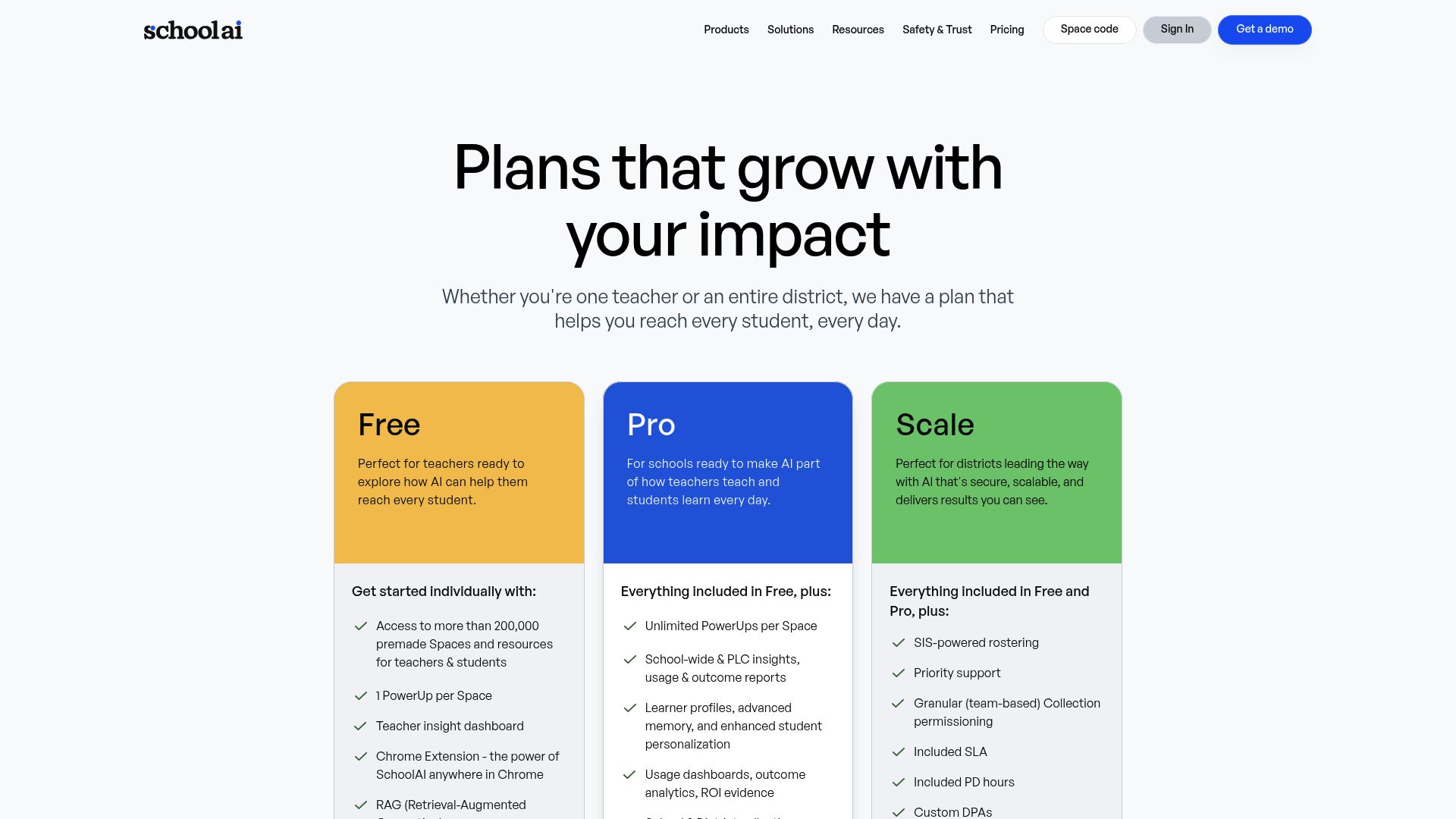 SchoolAI pricing page