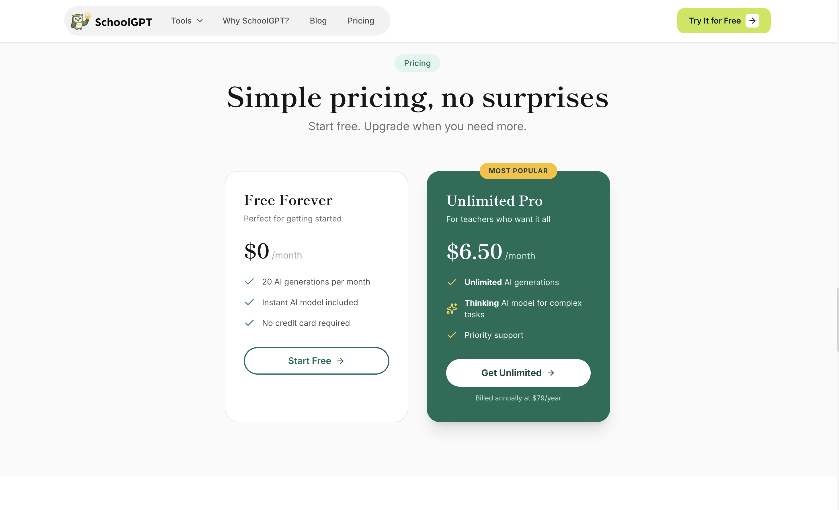 SchoolGPT pricing - starting at $6.50/month